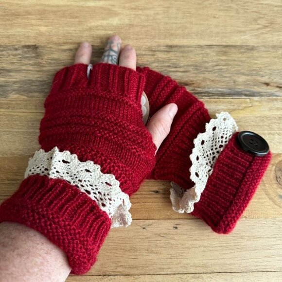 Britts Knits Red Cable Knit Cream Lace Button Wrist Warmer Fingerless Gloves - Picture 1 of 5